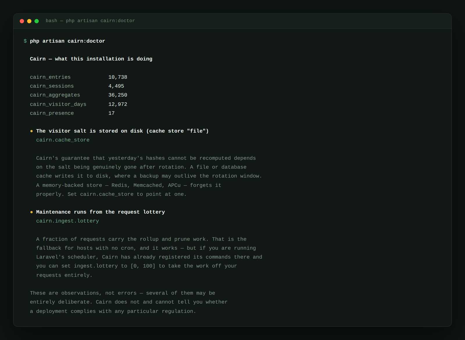 Terminal output of php artisan cairn:doctor showing table sizes and configuration observations